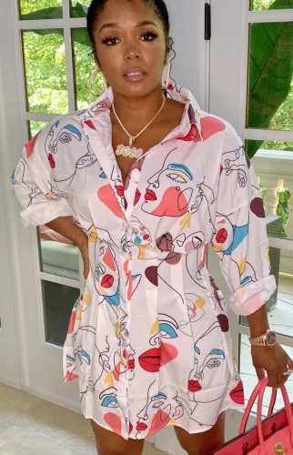 Print Casual Long Sleeve Shirt Dress