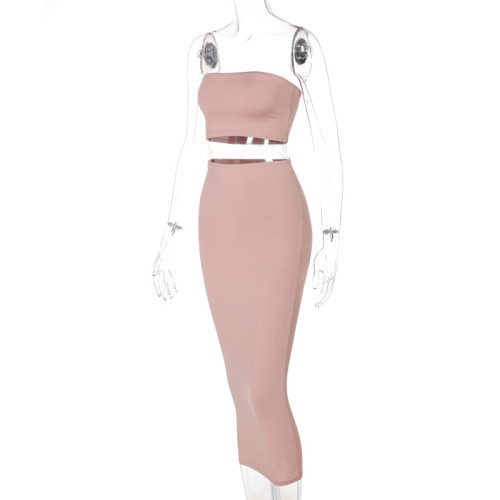 Pink Bandeau Top and Pencil Skirt 2pcs Set
