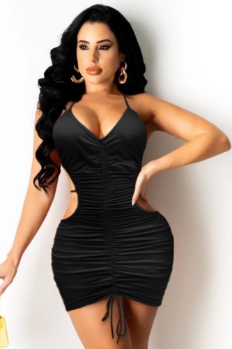 Sexy Black Cut Out Halter Ruched Bodycon Mini Dress