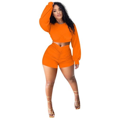 Orange Ruched Casual Long Sleeve Crop Top and Shorts Set