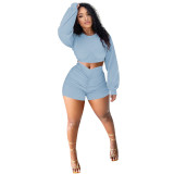 Gray Ruched Casual Long Sleeve Crop Top and Shorts Set