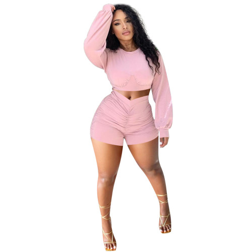 Pink Ruched Casual Long Sleeve Crop Top and Shorts Set