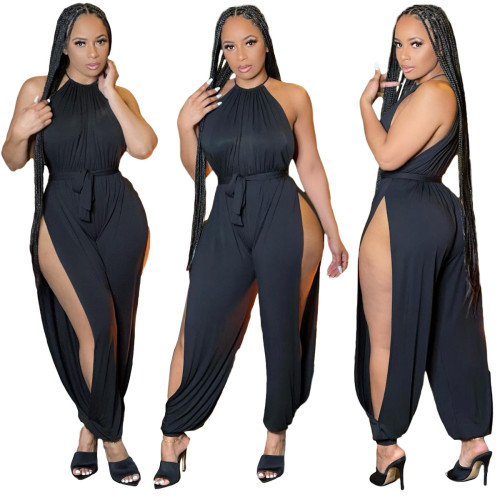 Black Sexy Halter Side Slit Jumpsuit with Belt