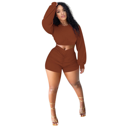 Coffee Ruched Casual Long Sleeve Crop Top and Shorts Set