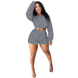 Smoky Blue Ruched Casual Long Sleeve Crop Top and Shorts Set