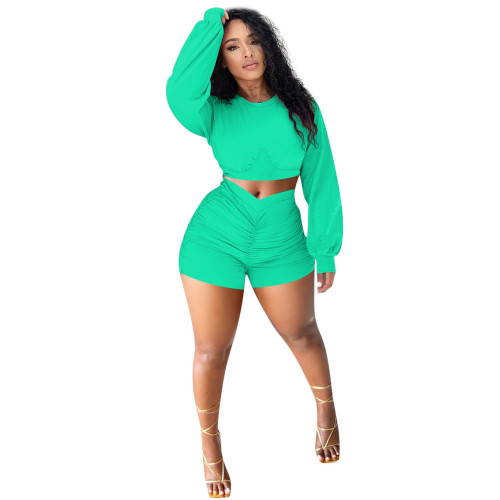Green Ruched Casual Long Sleeve Crop Top and Shorts Set