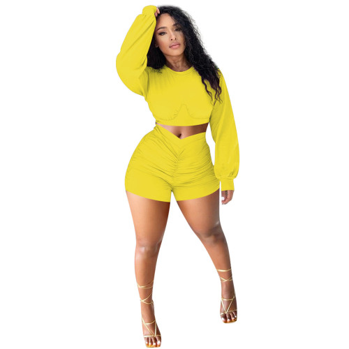 Yellow Ruched Casual Long Sleeve Crop Top and Shorts Set