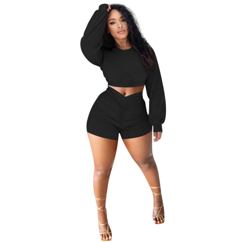Black Autumn Ruched Casual Long Sleeve Crop Top and Shorts Set