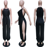 Black Sexy Halter Side Slit Jumpsuit with Belt