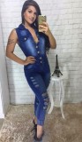 Blue Button Up Short Sleeve Fitted Ripped Denim Jumpsuit