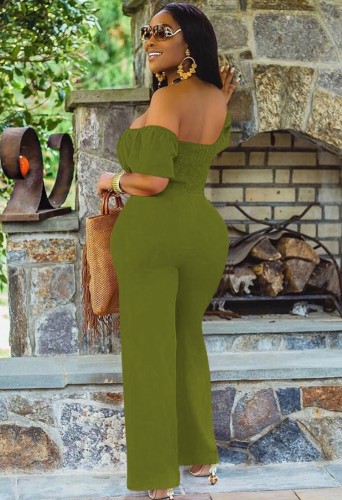 Green Cut Out Short Sleeves Sexy Off Shoulder Jumpsuit
