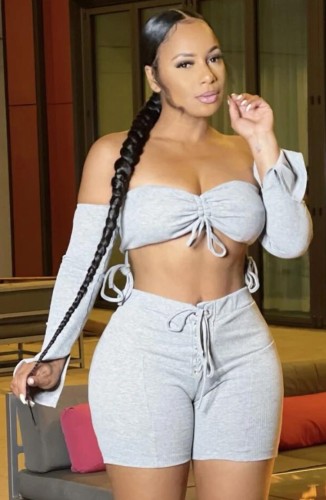 Gray Drawstring Off Shoulder Crop Top and Shorts Set