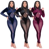 Blue Mesh Splicing See Through Long Sleeve Bodycon Jumpsuit