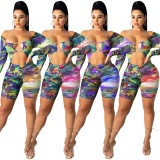 Print Long Sleeve Cut Out Off Shoulder Open Back Bodycon Rompers