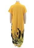 Casual Yellow Print Short Sleeves Long Blouse Dress
