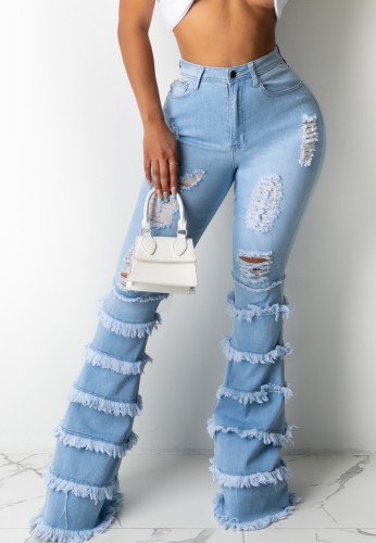 Blue High Waisted Fringed Ripped Flare Jeans