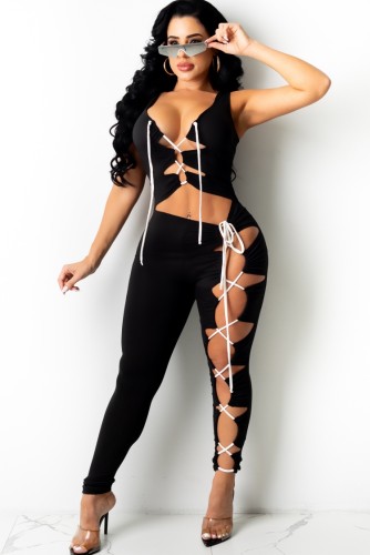 Black Sexy Ripped Lace Ups Sleeveless Bodycon Jumpsuit