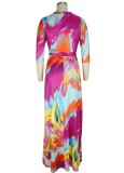 Colorful 3/4 Sleeve Belted Maxi Dress