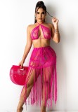 Rose Knit Beach Bra and Tassel Skirt Two Piece Set