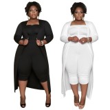Plus Size White Strapless Jumpsuit with Matching Long Cardigan Two Piece Set