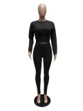 Black Long Sleeve Crop Top and Pants Casual Two Pieces