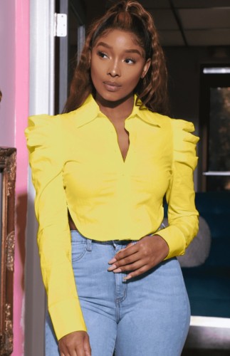 Yellow Puff Sleeves Shirt Collar Short Blouse