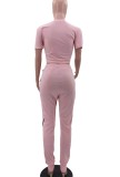 Pink Crop Top and Matching Drawstring Sweatpants Two Piece Set
