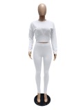 White Long Sleeve Crop Top and Pants Casual Two Pieces