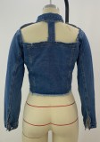 Casual Long Sleeves Blue Denim Cut Out Damaged Short Jacket