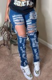 Blue Ripped Damaged Holes Stylish Jeans
