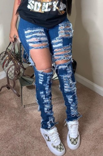 Blue Ripped Damaged Holes Stylish Jeans