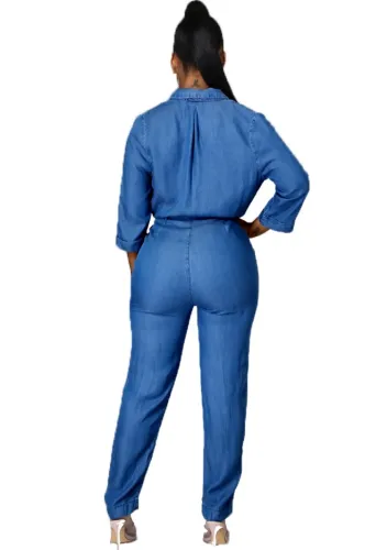 Blue Tie Waist Casual Denim Jumpsuit