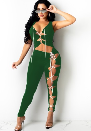Green Sexy Ripped Lace Ups Sleeveless Bodycon Jumpsuit
