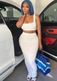 Two Pieces White Cropped Tank and Long Skirt Set