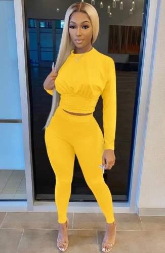 Yellow Long Sleeve Crop Top and Pants Casual Two Pieces