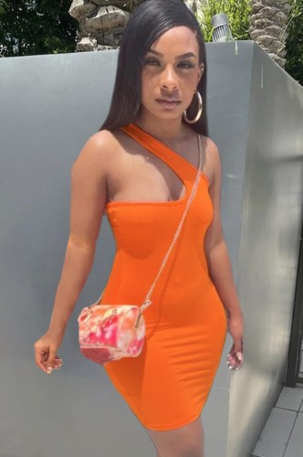 Orange One Shoulder Sleeveless Mini Bodycon Dress