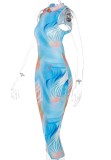 Print Blue Sleeveless Backless Midi Dress