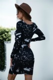 Print Black Long Sleeve Fitted Mini Dress