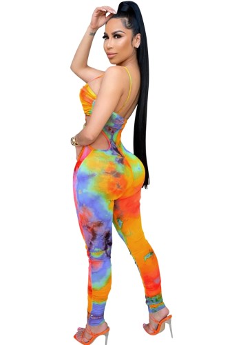 Tie Dye Sexy Cut Out Cami Ruched Bodycon Jumpsuit