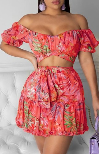 Sexy Floral Off Shoulder Crop Top and High Waist Skirt Set