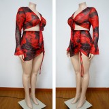 Plus Size Floral Red Tie Front Crop Top and Drawstring Mini Skirt Set