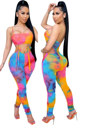 Tie Dye Sexy Cut Out Cami Ruched Bodycon Jumpsuit
