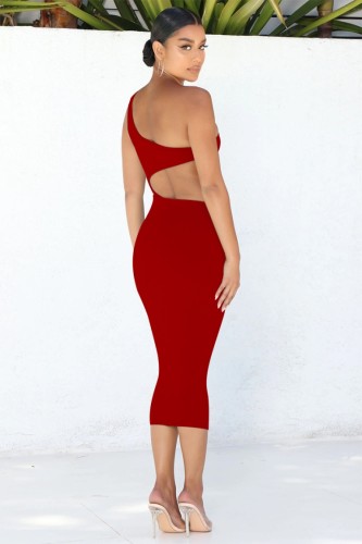 Red Sexy Cut Out Waist One Shoulder Sleeveless Bodycon Dress