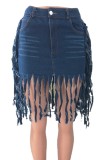 Dark Blue High Waisted Tassel Denim Short Skirt