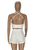 White Lace Up Halter Crop Top and Shorts 2PCS Set