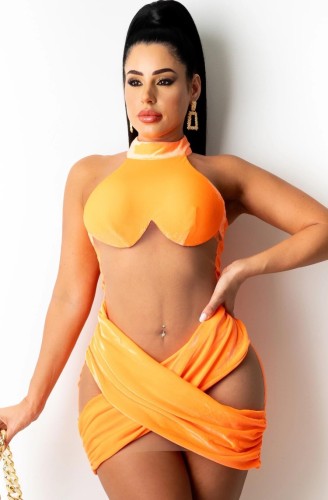 Sexy Orange Mesh Splicing Halter Club Dress