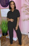 Black Short Sleeve Blouse and Wide Leg Pants Casual Two Pieces