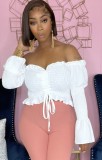 White Off Shoulder Ruffle Drawstring Long Sleeve Crop Top