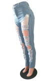 Blue Cut Out Damaged High Waist Long Jeans
