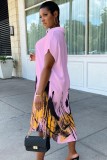 Casual Pink Print Short Sleeves Long Blouse Dress